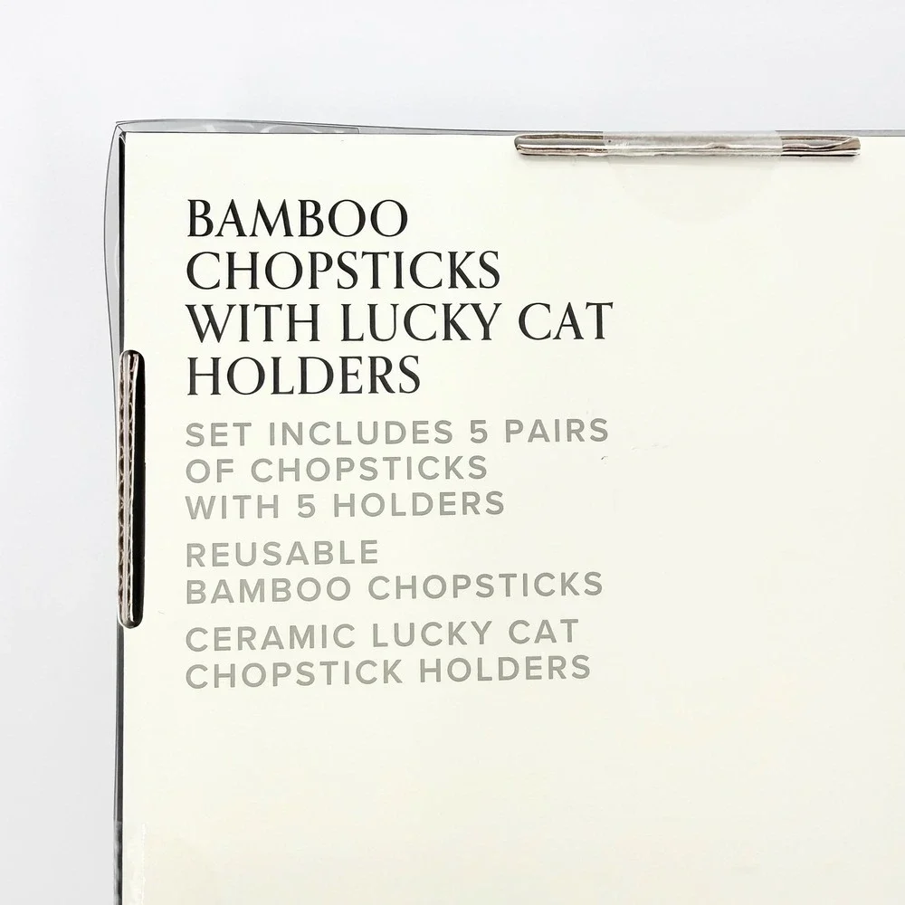 Soho Loft Bamboo Set 5 Pairs Chopsticks & 5 Ceramic Lucky Kittens Cat Holder NEW